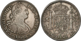 8 Reales. 1802. MÉXICO. F.T. 26,95 grs. Pátina. (Leves rayitas en anverso). AC-975. MBC+.