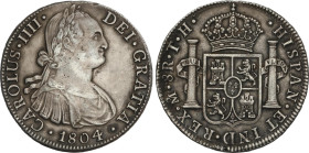 8 Reales. 1804. MÉXICO. T.H. 26,88 grs. Pátina. (Pequeños golpecitos). AC-980. MBC+/EBC-.