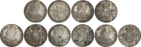 Lote 5 monedas 8 Reales. 1793, 1794, 1797, 1805 y 1806. MÉXICO. F.M. (3) y T.H. (2). A EXAMINAR. AC-955, 956, 960, 983, 984. MBC-a MBC.