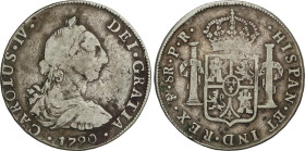 8 Reales. 1790. POTOSÍ. P.R. 26,47 grs. Busto de Carlos III. Ordinal IV. (Oxidaciones limpiadas). AC-990. MBC-.