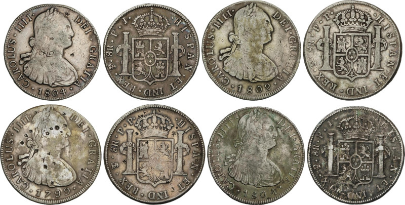 Lote 4 monedas 8 Reales. 1799, 1802 y 1804 (2). POTOSÍ. P.J. (2) y P.P. (2). (Do...