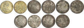 Lote 5 monedas 8 Reales. 1798, 1799, 1802, 1804 y 1805. POTOSÍ. P.J. (2) y P.P. (3). (Una sobredorada). A EXAMINAR. AC-1002, 1003, 1006, 1008, 1010. M...