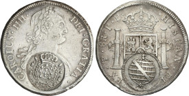8 Reales. Fecha no visible. POTOSI. P.P. 26,86 grs. Resello Minas Gerais, para circular por Brasil como 960 Reis (KM-242) (MBC+). AC-Tipo 114. MBC.