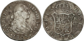 8 Reales. 1803. SEVILLA. C.N. 26,53 grs. (Oxidaciones). ESCASA. AC-1065. MBC-.