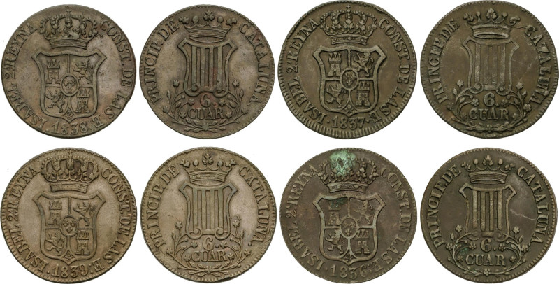 Lote 4 monedas 6 Cuartos. 1836, 37, 38, 39. BARCELONA. A EXAMINAR. AC-15, 17, 18...