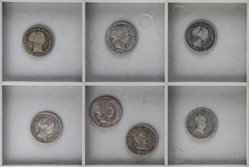 Lote 7 monedas 2 Reales. 1850, 51, 52, 53 (2), 63, 64. SEVILLA. A EXAMINAR. AC-3...