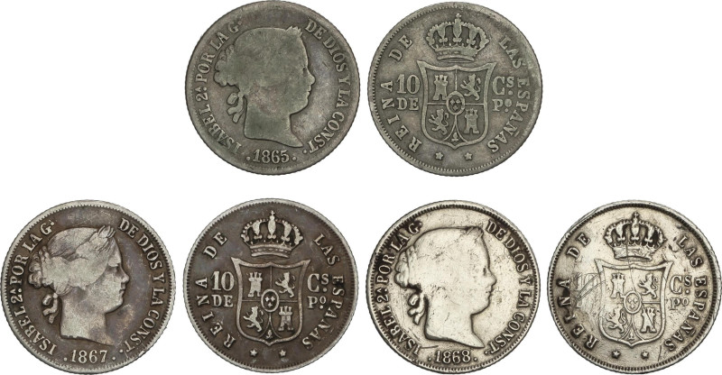 Lote 3 monedas 10 Centavos de Peso. 1865, 67, 68. MANILA. AC-650, 654, 658. BC+ ...