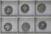 Lote 6 monedas 4 Reales. 1836, 1849 (2), 1858, 1859 y 1864. MADRID. Destaca la de 1836 Madrid C.L. final leyenda Dios. A EXAMINAR. AC-443, 454, 464, 4...