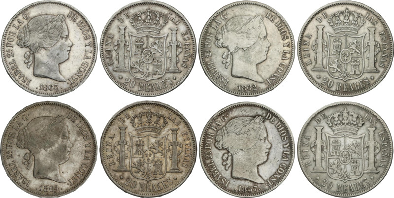 Lote 4 monedas 20 Reales. 1857, 1862, 1863, 1864. MADRID. A EXAMINAR. AC-534, 53...