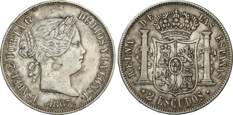 2 Escudos. 1867. MADRID. 26 grs. (Múltiples rayitas). AC-647. MBC+.