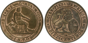 10 Céntimos. 1870. BARCELONA. O.M. Restos de color y brillo original. EBC-.