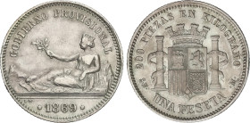 1 Peseta. 1869. S.N.-M. Leyenda GOBIERNO PROVISIONAL. (Leves golpecitos). Leve pátina. MBC+.