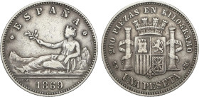 1 Peseta. 1869 (*18-69). S.N.-M. Leyenda ESPAÑA. ESCASA. MBC-.