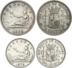 Lote 2 monedas 1 y 2 Pesetas. 1870 y 1869. 1 Peseta 1870 (*18-73) D.E.-M. y 2 Peseta 1869 (*18-69) S.D.-M. A EXAMINAR. MBC a MBC+.