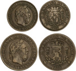 Lote 2 monedas 5 y 10 Céntimos. 1875. BRUSELAS. Anverso y reverso coincidentes. Tipo medalla. AC-2, 5. MBC+.