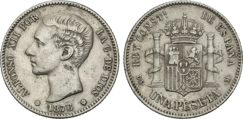 1 Peseta. 1876 (*18-76). D.E.-M. (Hojita en cuello y golpecitos). MBC.