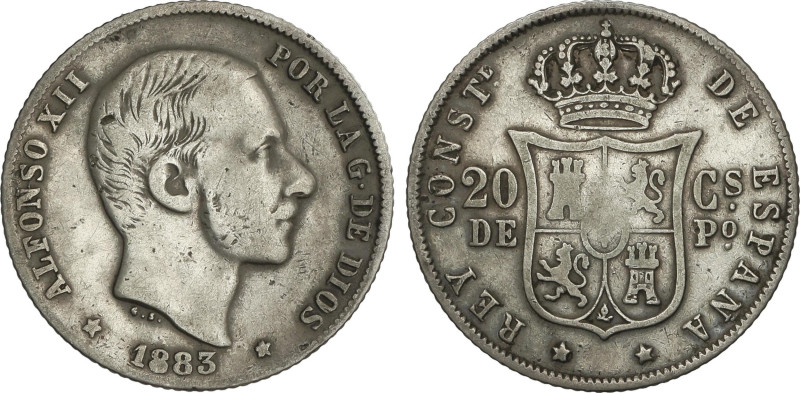 20 Centavos de Peso. 1883. MANILA. (Golpecitos). MBC-.