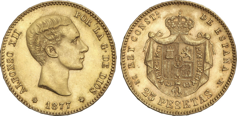 25 Pesetas. 1877 (*18-77). D.E.-M. 8,03 grs. (Levísimos golpecitos). EBC+.