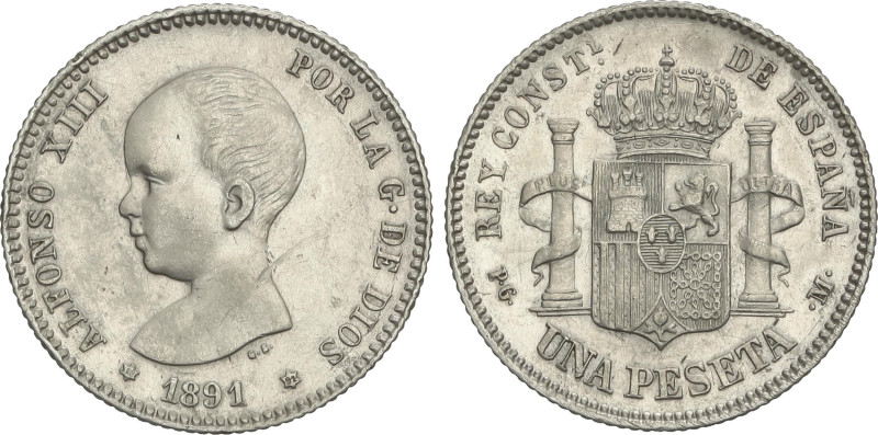 1 Peseta. 1891 (*18-91). P.G.-M. (Raya en anverso). EBC-.