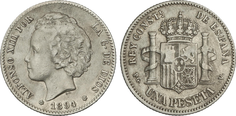 1 Peseta. 1894 (*18-94). P.G.-V. Cifras de las estrellas probablemente retocadas...