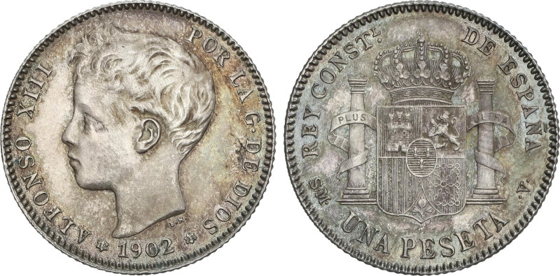 1 Peseta. 1902 (*19-02). S.M.-V. Pátina oscura e irisada. EBC.