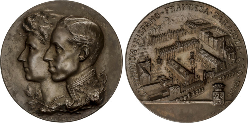Medalla. 1908. EXPOSICIÓN HISPANO-FRANCESA. ZARAGOZA. Anv.: Bustos sobrepuestos ...