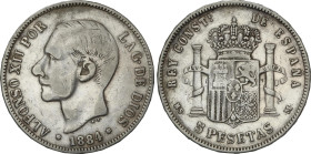 5 Pesetas. 1884 (*18-18). M.S.-M. 24,35 grs. AR. Semicoincidente. 23 barras en escudete. ESCASA. Vti-114Fc. MBC-/MBC.