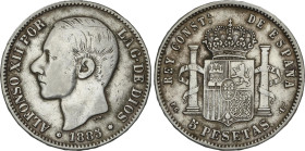 5 Pesetas. 1885 (*_8-__). P.G.-L. 24,61 grs. AR. No coincidente. Vti-115Fi. MBC-.