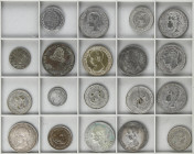 Lote 19 monedas 40 Céntimos de Escudo a 100 Pesetas. 1808 a 1966. FERNANDO VII a Estado Español. AE, Br plateado, metal gris, calamina y AR (2). Inclu...