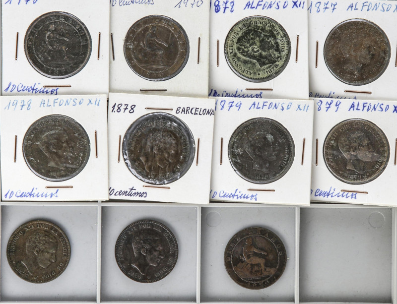 Lote 11 monedas 10 Céntimos. 1870 a 1879. GOBIERNO PROVISIONAL y ALFONSO XII. BA...