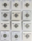 Lote 13 monedas 50 Céntimos. 1870 a 1926. I REPÚBLICA a ALFONSO XIII. Todas diferentes. La mayoría con cifras de las estrellas visibles. Calidad media...