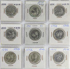 Lote 9 monedas 2 Pesetas. 1870 a 1905. I REPÚBLICA a ALFONSO XIII. Todas diferentes. La mayoría con fechas de las estrellas visibles. Calidad media mu...