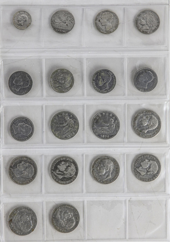 Lote 18 monedas 50 Céntimos, 1 (8) y 2 Pesetas (9). 1870 a 1926. I REPUBLICA, AL...