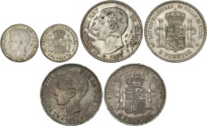 Lote 3 monedas 1 y 5 Pesetas (2). 1875, 1897, 1900. ALFONSO XII y XIII. 1 Peseta 1900, 5 Pesetas : 1875, 1897. A EXAMINAR. MBC- a EBC-.