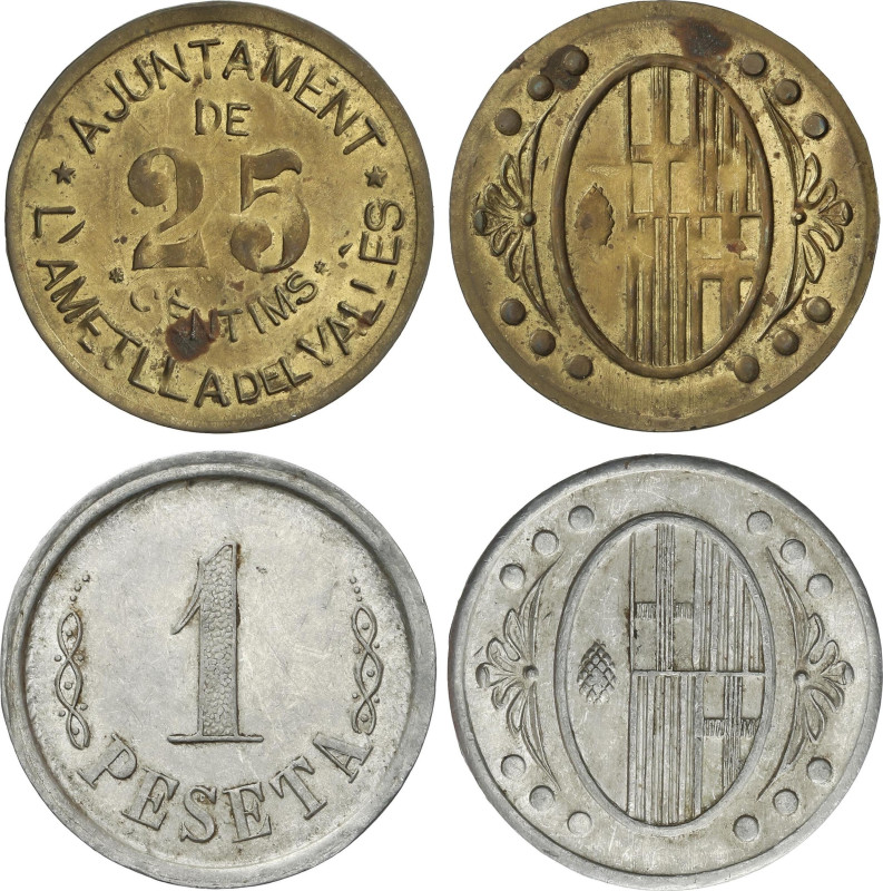 Lote 2 monedas 25 Cèntims y 1 Pesseta. Aj. de L´AMETLLA DEL VALLÈS. AC-1, 4; Vti...
