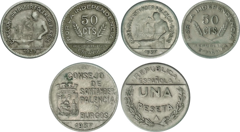 Lote 3 monedas 50 Céntimos (2) y 1 Peseta. 1937. CONSEJO de SANTANDER, PALENCIA ...
