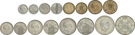 Serie 8 monedas 10 Céntimos a 100 Pesetas. (*71). En tira original F.N.M.T. La de 100 Pesetas (*19-70). PRUEBAS.