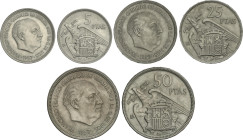 Serie 3 monedas 5, 25 y 50 Pesetas. 1957 (*BA). I Exposición Iberoamericana de Numismática y Medallística. Con entrada original (Doblada). SC.