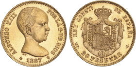 20 Pesetas. 1887 (*19-61). M.P.-M. Tirada: 800 piezas. Brillo original. ESCASA. SC.
