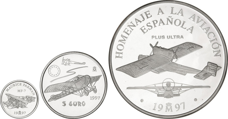 Serie 3 monedas 1, 5 y 25 Euro. 1997. HOMENAJE A LA AVIACIÓN ESPAÑOLA. AR. Mauri...