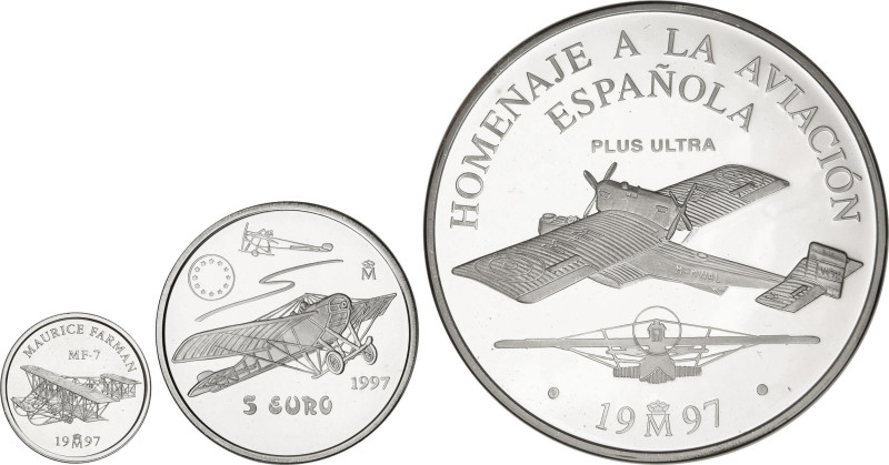 Lote 3 monedas 1, 5 y 25 Euro. 1997. HOMENAJE A LA AVIACIÓN ESPAÑOLA. AR. Mauric...