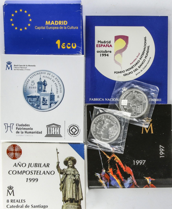 Lote 7 monedas 1 Ecu a 5 Euro y serie 1 a 500 Pesetas. 1992 a 2014. Al, AlBr, Ni...