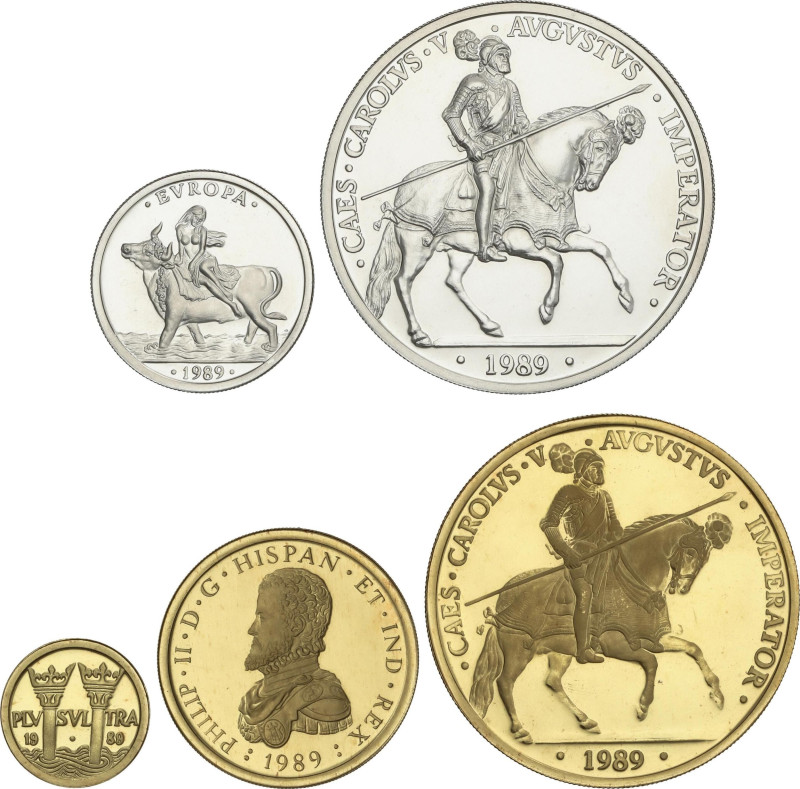 Serie 5 monedas 1, 5, 10, 50 y 100 Ecu. 1989. AR (2) y AU (3). Rapto de Europa, ...