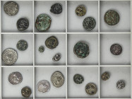 Lote 22 monedas. MONEDAS GRIEGAS, HISPANICAS, REPÚBLICA e IMPERIO ROMANO. AE y AR. Final de colección. Lote variado que incluye denario republicanos, ...