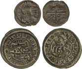 Lote 2 monedas 4 Maravedís y Diner. BARCELONA y SEGOVIA. 4 Maravedís Felipe III múltiples resellos. A EXAMINAR. MBC.