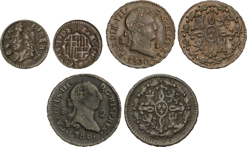 Lote 3 monedas Diner y 2 Maravedis (2). 1708, 1788 y 1830. CARLOS III Pretendien...