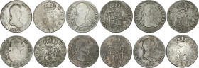 Lote 6 monedas 2 Reales. 1799, 1800, 06, 08, 20, 28. CARLOS IV (4), FERNANDO VII (2). MADRID, SEVILLA. A EXAMINAR. BC+ a MBC-.