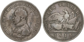 Thaler. 1818-D. FRIEDRICH WILHELM III. PRUSIA. 21,79 grs. AR. Pátina. KM-396. MBC-.
