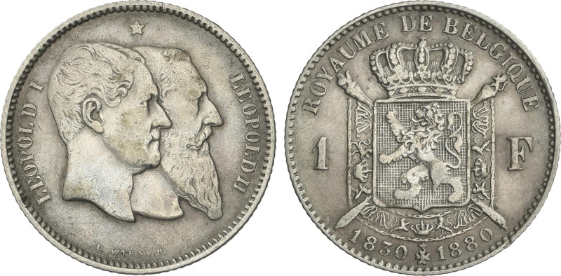 1 Franc. 1880. LEOPOLD II. 4,92 grs. AR. 50 aniversario Independencia. KM-38. MB...