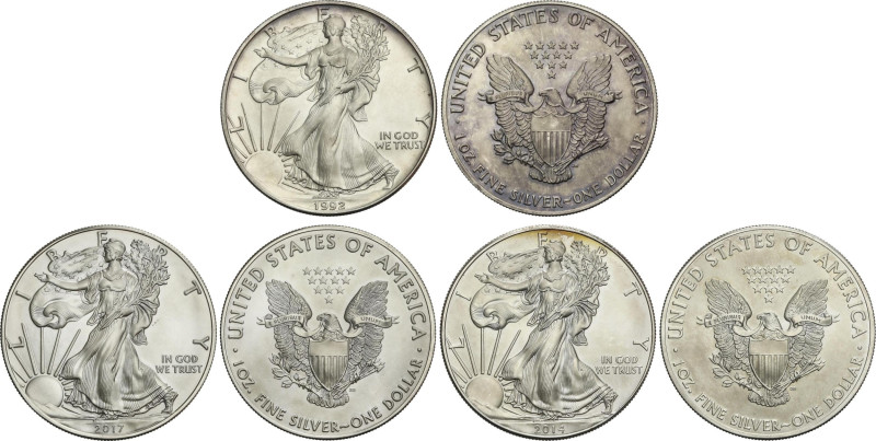 Lote 3 monedas 1 Dollar. 1992, 2014 y 2017. AR. Walking liberty. KM-273. SC.